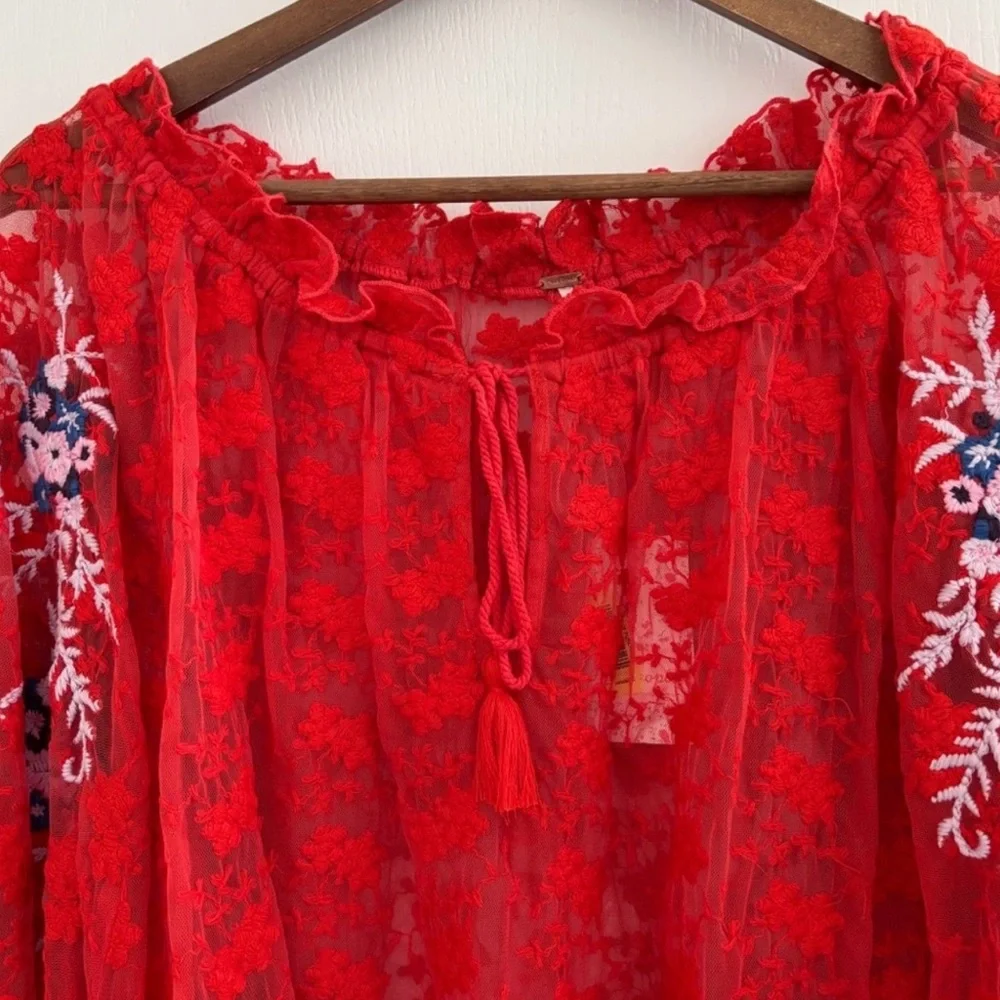 Free People Top Jubilee Floral Embroidered Blouse NWT Red - Picture 7 of 10